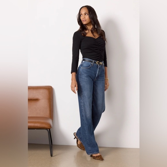 NATION LTD Jet Black Mikaela Top Sweetheart Neckline Shirring 3/4 Sleeves Shirt - Picture 2 of 12